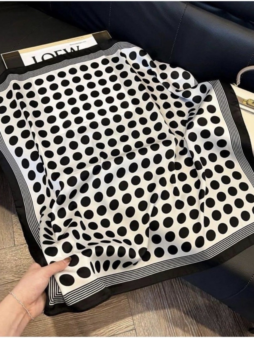 Silk-feel Black & White Polka Dot Silk Scarf Head , Neck Scarf 70*70cm